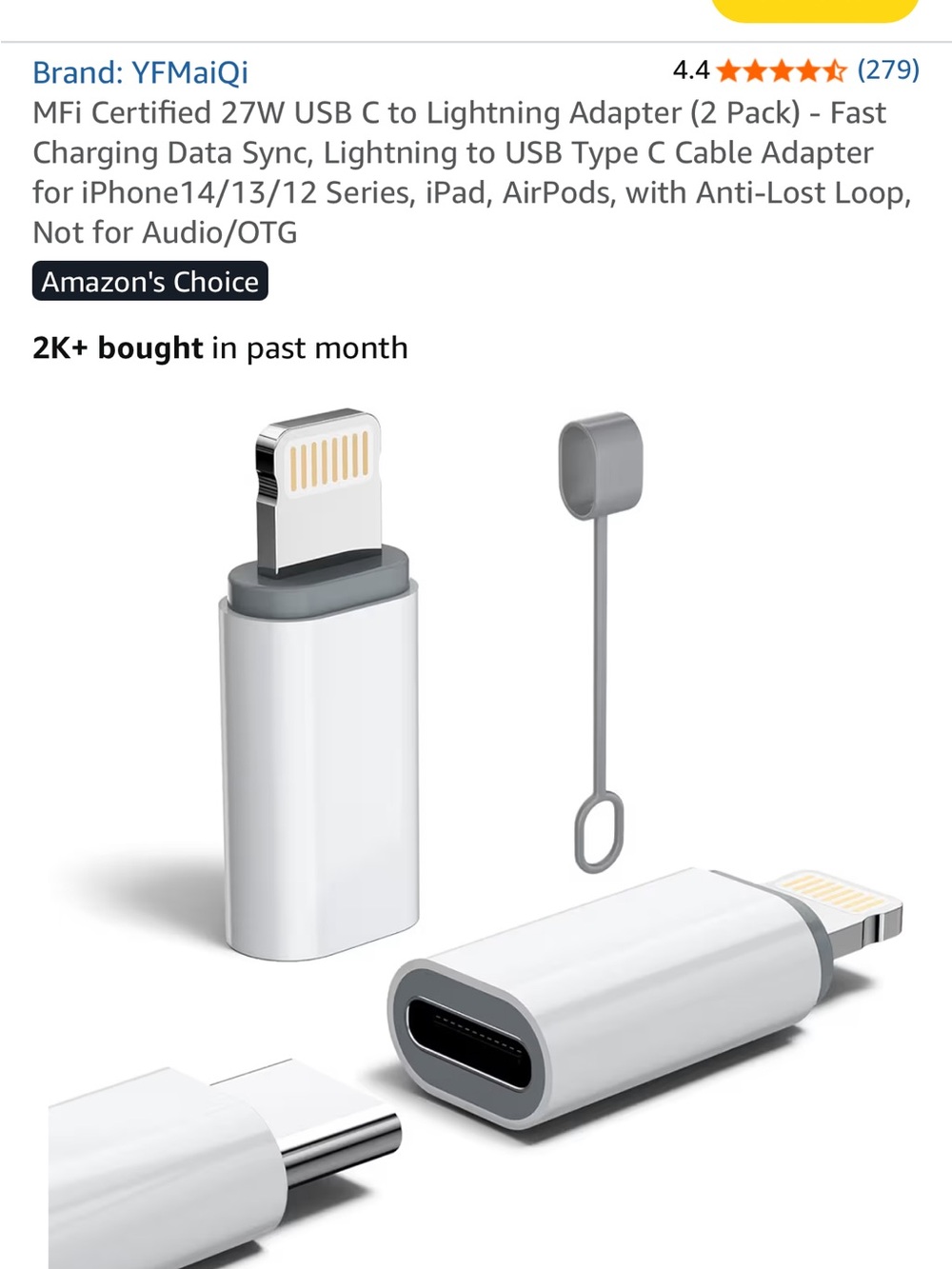 White USB-C to Lightning Adapter with Anti-Lost Loop (2 Pack)